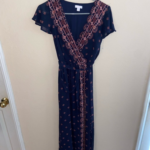 Faux wrap dress long hood core v neck y2k tie front blue beautiful short sleeve - Picture 9 of 14